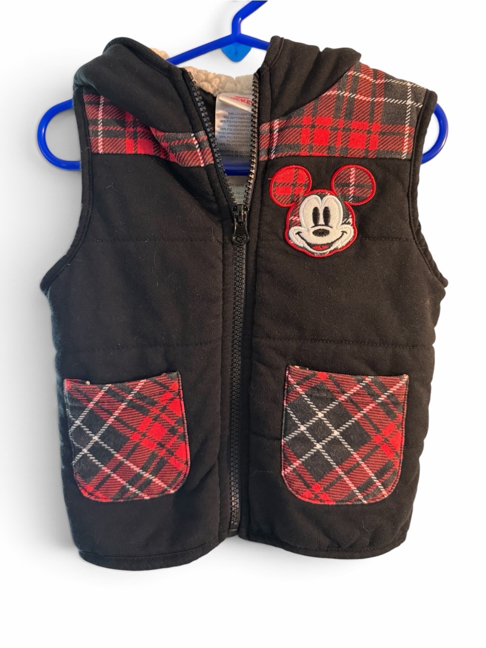 Disney Kids Black Vest with Red Plaid Accents and Mickey Patch